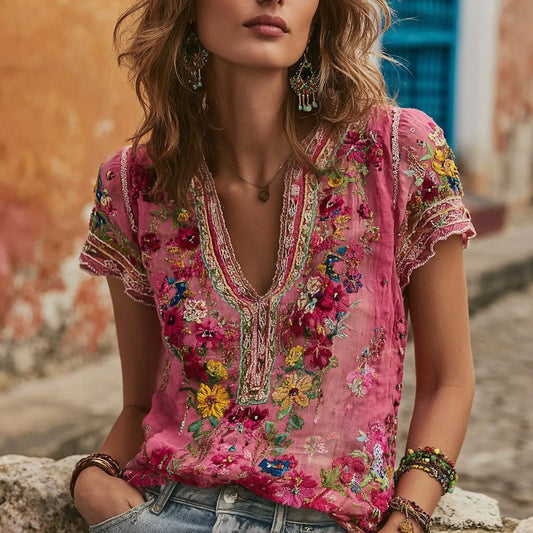 Women's Bohemian Floral Embroidered V-neck Linen T-shirt artswardrobe