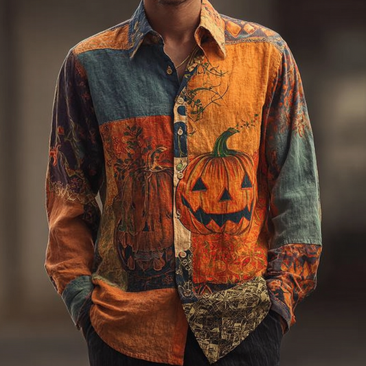 Halloween Pumpkin And Plant Flower Combination Design Men's Retro Cotton And Linen Shirt artswardrobe