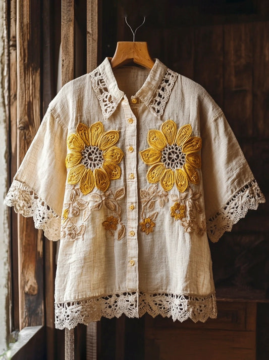 Comstylish Lace Sunflower Embroidery Women's Linen Short Sleeve Shirt