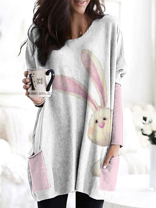 Cute Bunny Print Casual Cozy Long T-Shirt artswardrobe