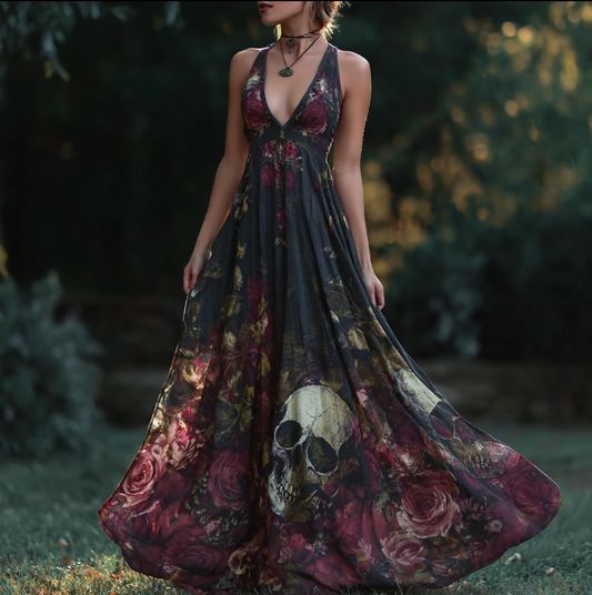 Halloween Theme Rose And Skull Pattern Women's V-neck Long Dress artswardrobe