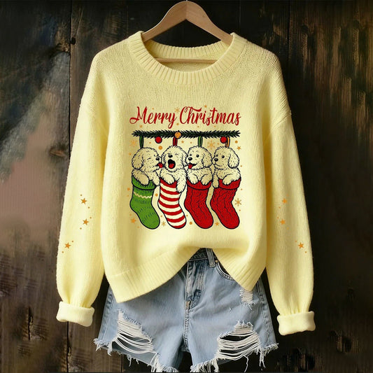 Comstylish Women's Christmas Dog Print Cozy Knit Pullover Sweater