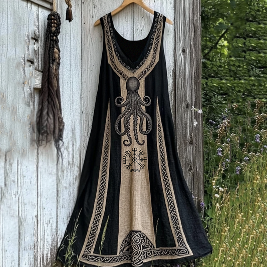 Vintage Viking Cthulu Celtic Art Contrasting Colors Linen Tank Dress artswardrobe