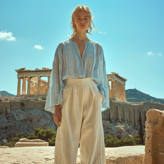 Greek Key Linen Women's V-neck Shirt artswardrobe