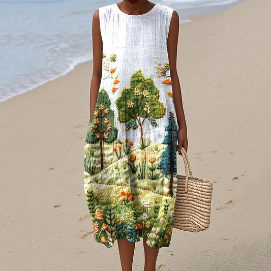 Vintage Loose  Hometown Rural Farm Tree And Floral Art Sleeveless Cotton And Linen Tank Dress artswardrobe