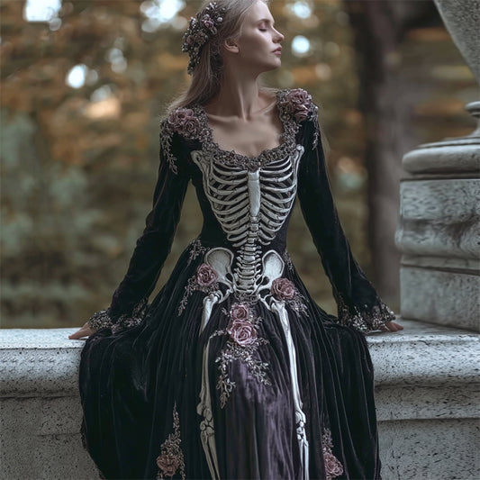Comstylish Vintage Skeleton Roses Floral Cozy Velvet Maxi Dress