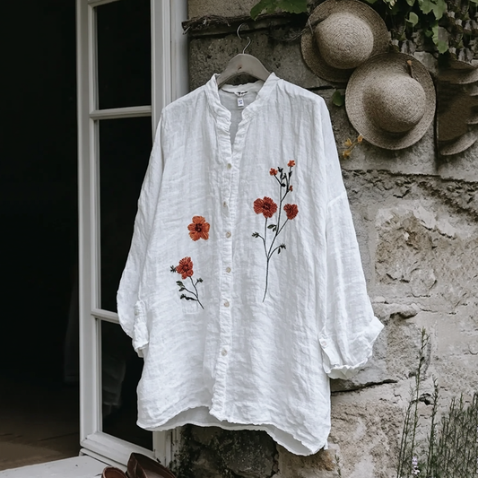 Vintage Floral Embroidery Art Button Cotton Linen Blend Loose Blouse artswardrobe