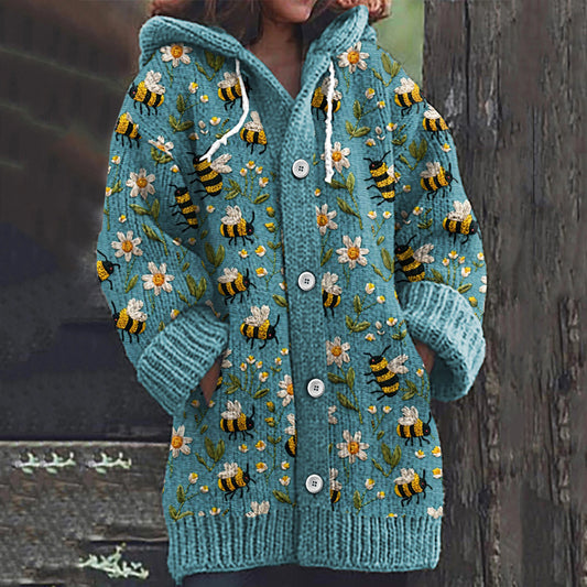 Daisy Bee Print Long Sleeve Knitted Hooded Cardigan artswardrobe