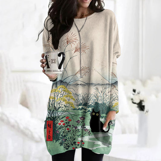 Comstylish Flowers & Black Cat Art Casual Tunic