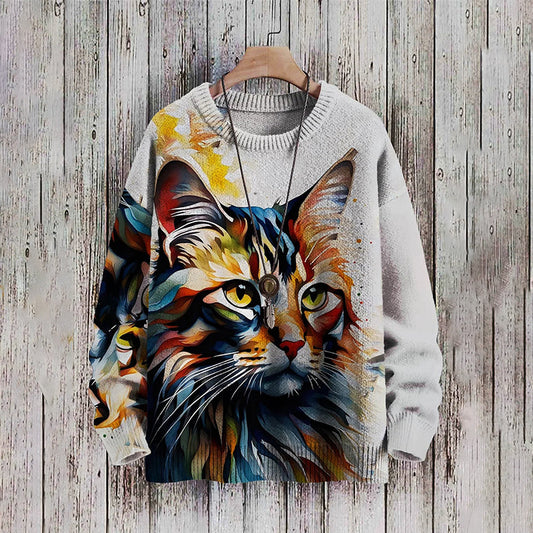 Retro Cool Cat Print Casual Knitted Pullover Sweate elevenforest