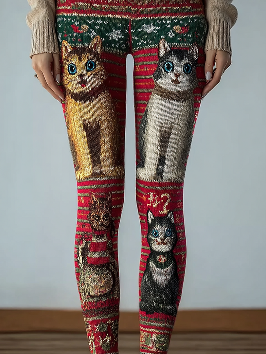 Comstylish Retro Cat Pattern Women's Knitted Tight-fitting Leggings