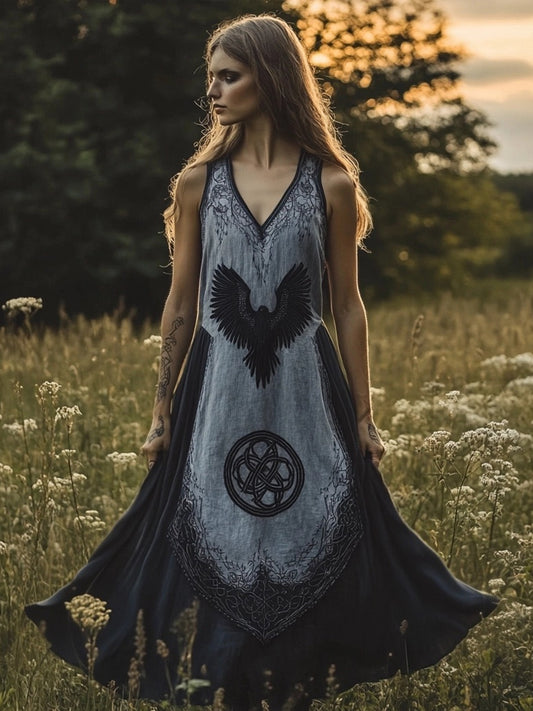 Mystical Viking Raven Embroidery Linen Maxi Dress artswardrobe
