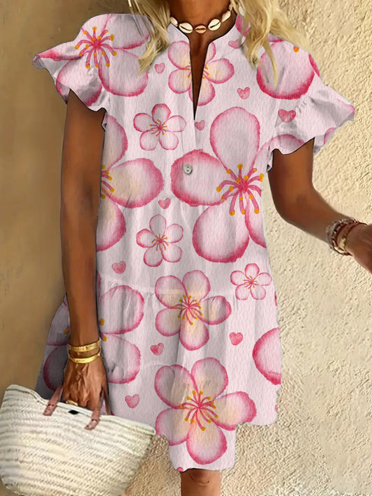Pink Flowers Ruffled Short-sleeved V-neck Buttoned Dress Vacation Beach Dress