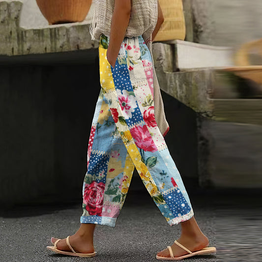 Comstylish Women's Vintage Floral Patchwork Cotton And Linen Casual Pants