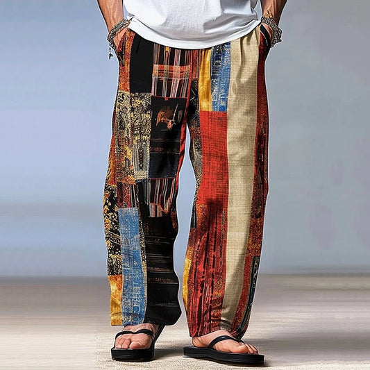 Vintage Floral Patchwork Graphic Linen Pants artswardrobe