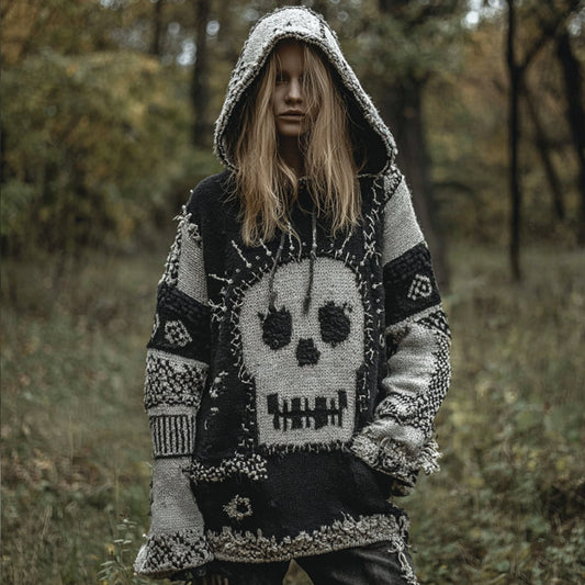 Women's Vintage And Quirky Skull Patchwork Pattern Vintage Hooded Sweater elevenforest
