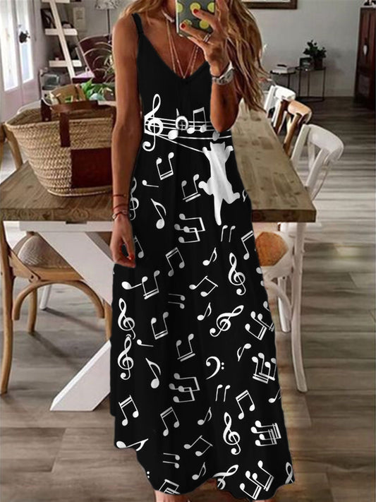 Cat Hanging Music Notes V Neck Cami Maxi Dress elevenforest