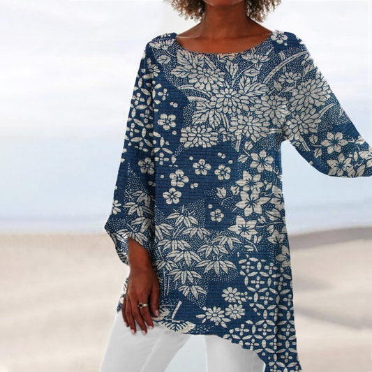 Comstylish Vintage Japanese Art Print Round Neck Loose Blouse