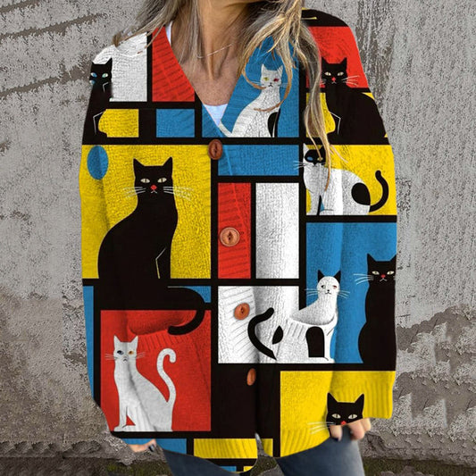 Women's Vintage Geometric Abstract Cat Print Buttoned Cardigan Sweater elevenforest