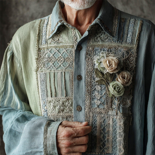 Boho Vintage Lace Floral Patchwork Art Men's Linen Long Sleeve Shirt artswardrobe