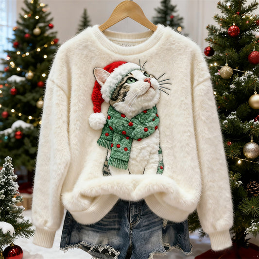 Comstylish Christmas 3d Plush Cat Women's Fleece Sweater