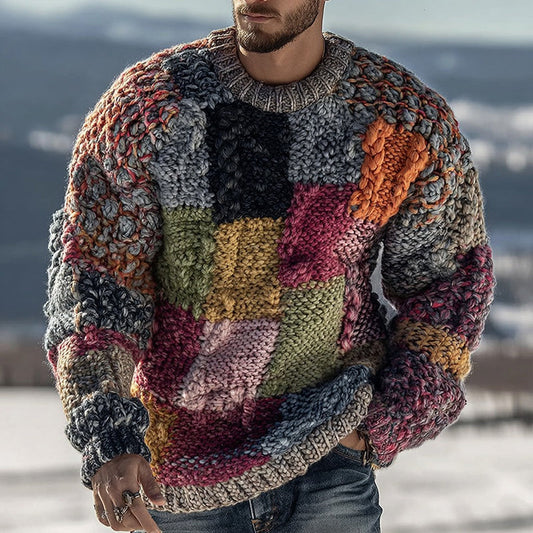 Men's Retro Geometric Color Block Knitted Warm Crew Neck Sweater artswardrobe