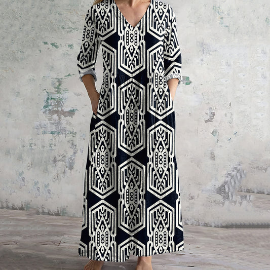 Geometric Print V-neck Linen Blend Midi Dress artswardrobe