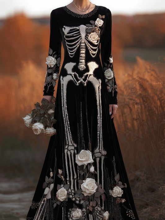 Comstylish Vintage Pearls Skeleton Roses Cozy Velvet Maxi Dress