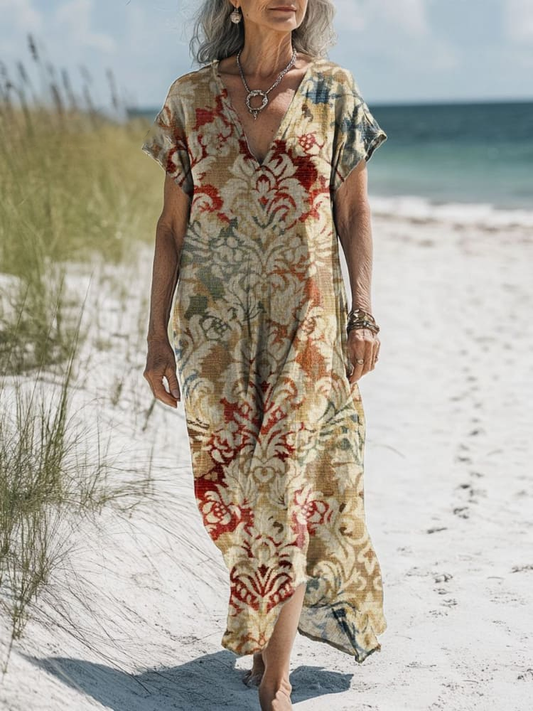Women's Vintage Artistic Floral Pattern Print Pocket Cotton Dress