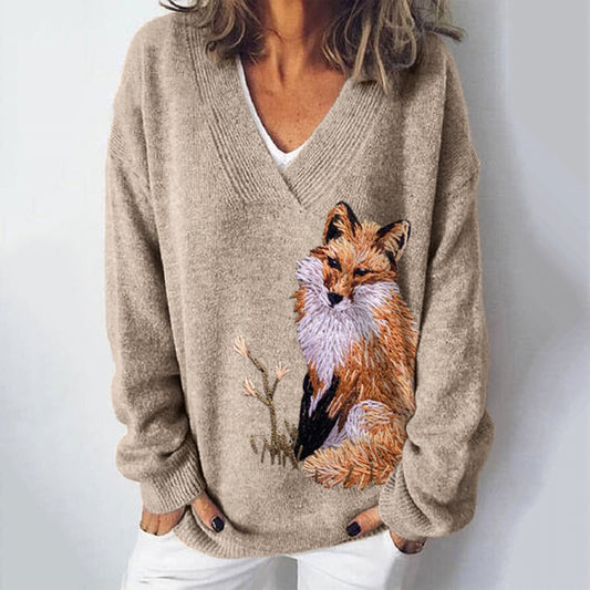 Fox Embroidery Art Print V-Neck Cozy Knit Sweater artswardrobe