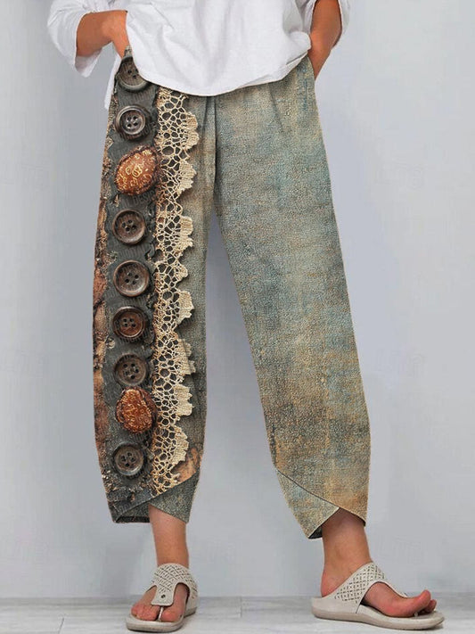 Vintage Lace Button Design Linen Blend Pants artswardrobe