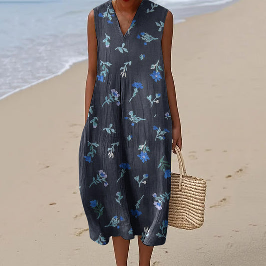 Women's Bohemian Floral Art Linen Print V Neck Dress artswardrobe