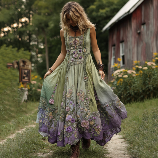 Classy Gradient Purple Lavender And Floral Embroidered Linen Maxi Dress artswardrobe