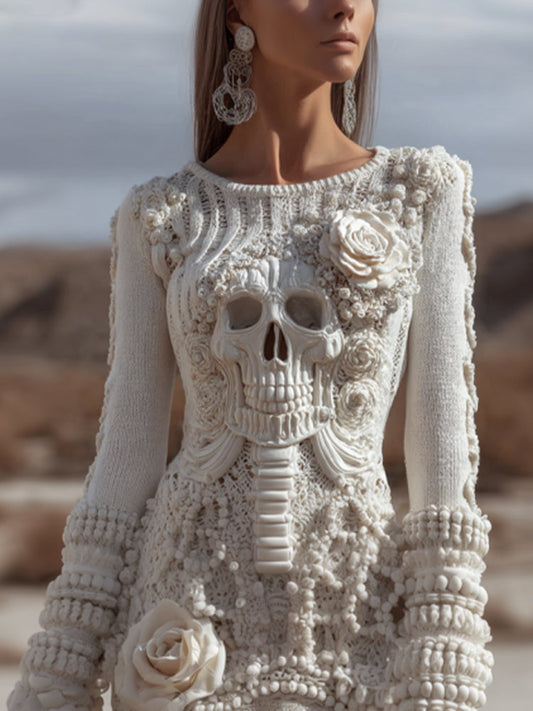 Women's Halloween Anatomy Art And Flower Vintage White Round Neck Dress artswardrobe