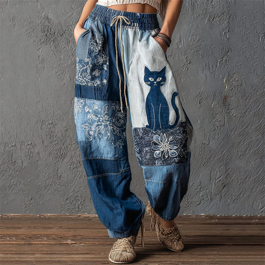 Comstylish Vintage Cat Floral Fiber Art Patchwork Flowy Linen Pants