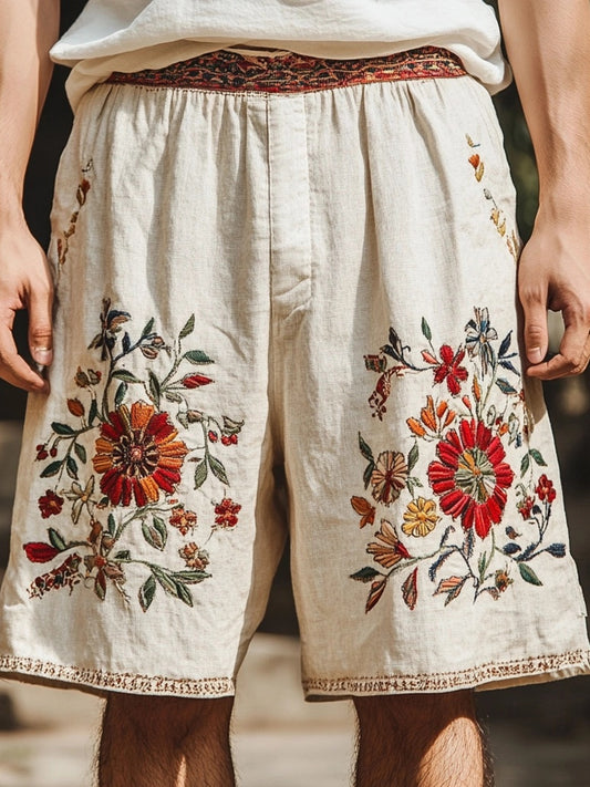 Men's Vintage Embroidered Linen Blend Comfy Shorts artswardrobe