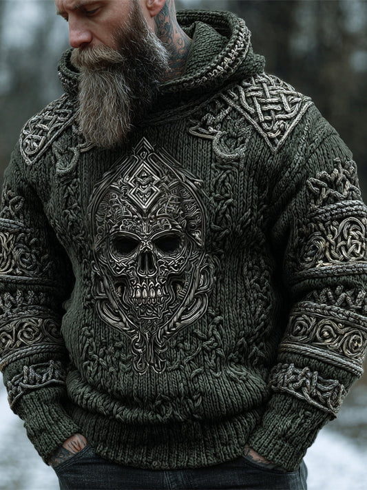 Viking Skull Celtic Knot Men's Chunky Knit Hooded Sweater elevenforest