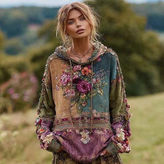 Comstylish Women's Vintage Floral Patchwork Warm Hoodie