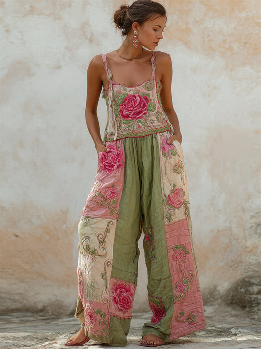 Boho Ethnic Pink Roses Embroidered Floral Patchwork Linen Jumpsuit artswardrobe