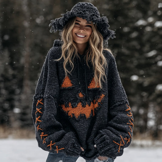 Women's Halloween Spooky Face Knit Hooded Sweater artswardrobe