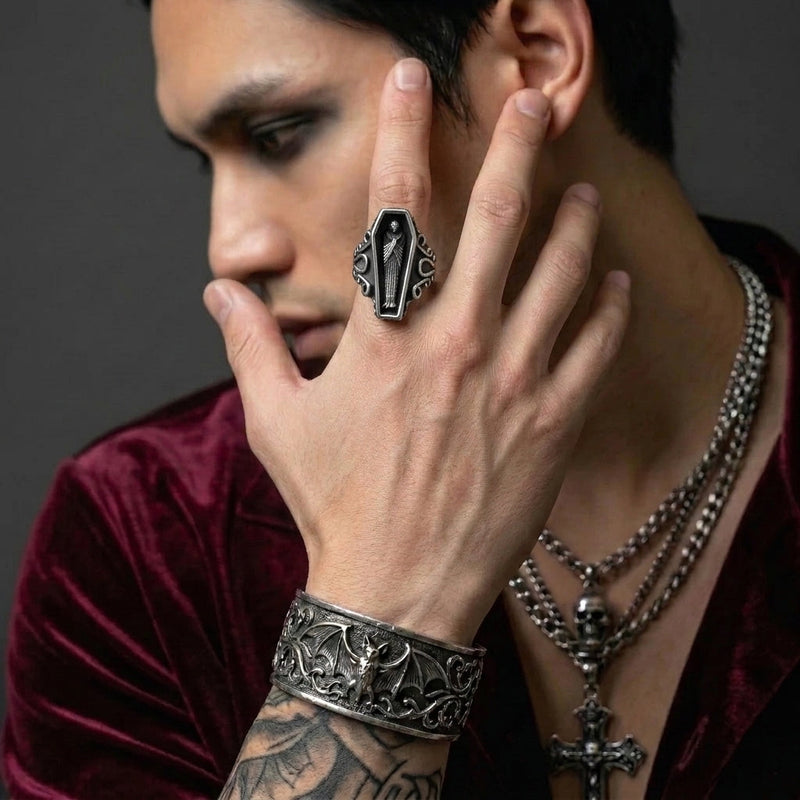Coffin Ring with Skeleton Figure and Scroll Filigree