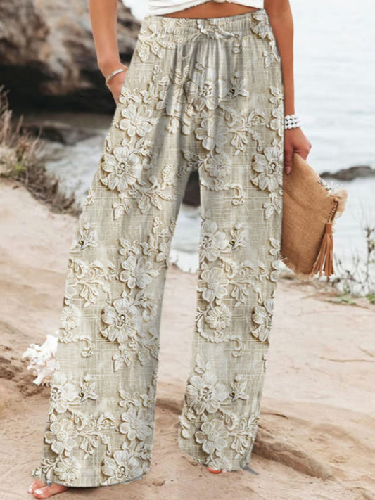 Women's Casual Retro Embroidered Floral Print Pants artswardrobe