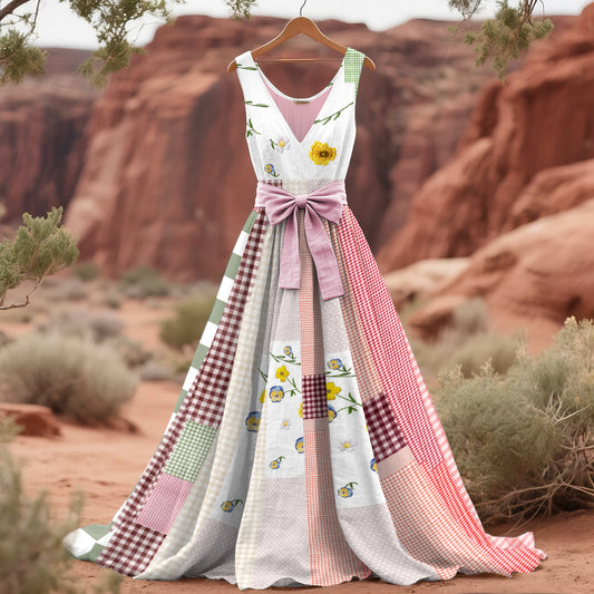 Vintage Plaid Floral Patchwork Linen Tank Dress artswardrobe