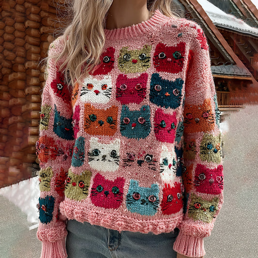 Comstylish Colorful Winter Cats Pattern Art Cozy Knit Sweater
