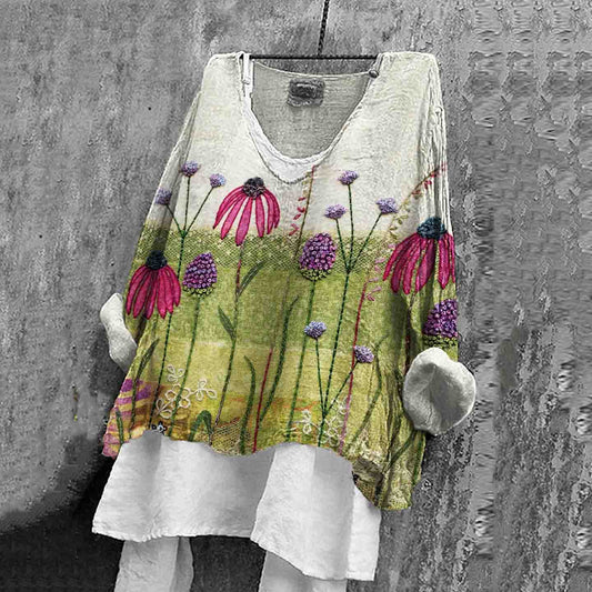 Vintage Floral Embroidered Linen Blend Cozy Women's Shirt artswardrobe