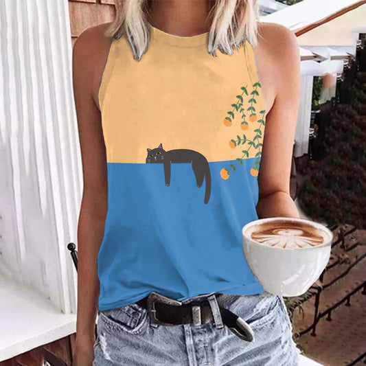 Comstylish Abstract Creative Lazy Black Cat Painting Art Tank Top