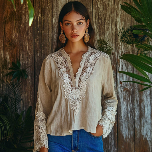 Comstylish Women's Retro Floral Lace Embroidery Art V-neck Shirt