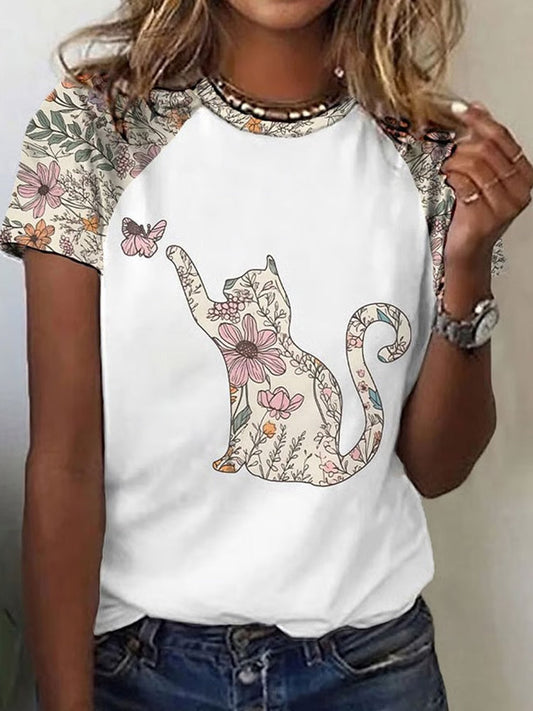 Women's Wildflower Kitten Print Casual T-shirt elevenforest