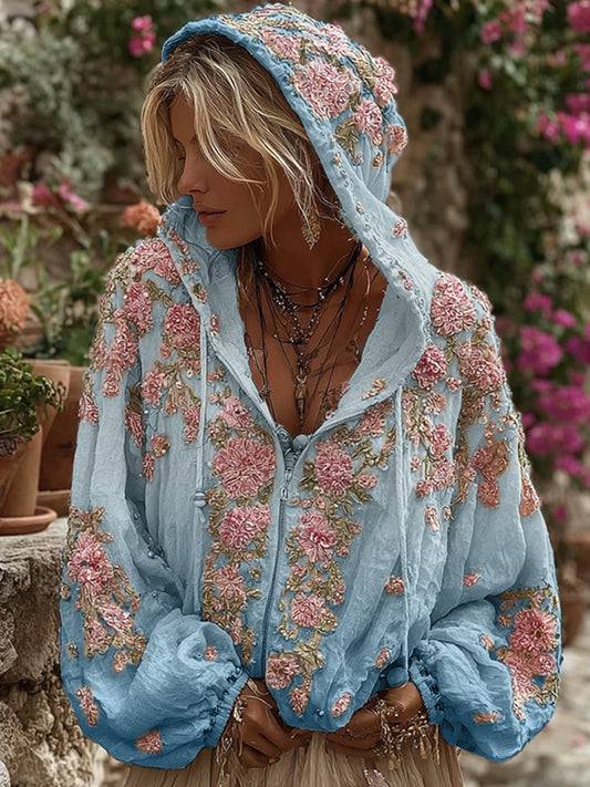 Comstylish Bohemian Style Pink Rose Vintage Zip-up Hoodie