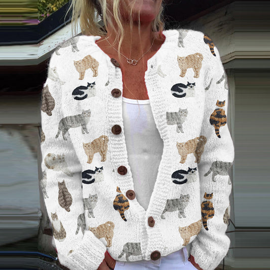 Comstylish Vintage Cat Embroidered Cozy Knit Cardigan